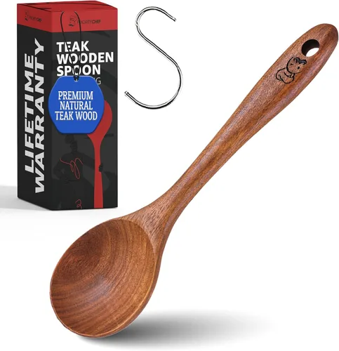 Vista 10 de PriorityChef - Cuchara larga de madera para cocinar, cuchara de cocina grande de teca duradera para servir, revolver y uso diario, segura