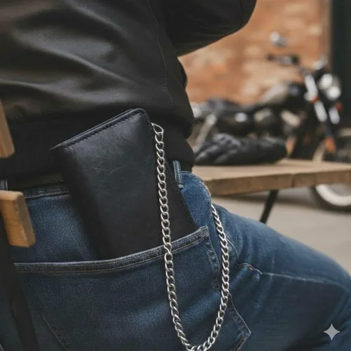 Vista 6 de CLASSIC - Cartera con cadena de motocicleta para hombre, piel auténtica Anilina Negro