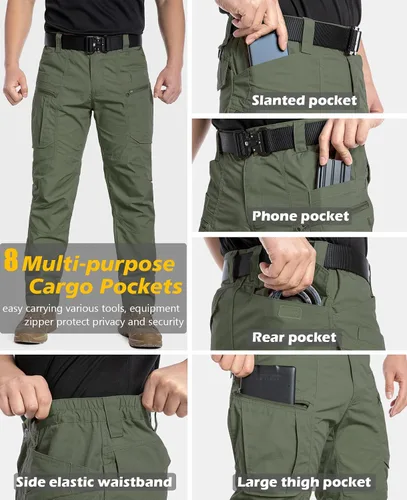 Vista 4 de CARWORNIC Pantalones tácticos ligeros para hombre, pantalones cargo militares, resistentes al agua, para senderismo, trabajo