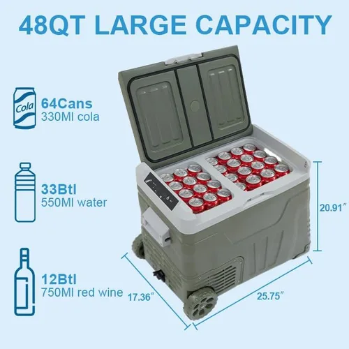 Vista 2 de Refrigerador portátil de 12 V, enfriador eléctrico de 48 cuartos (45L) con 12/24 V CC y 110-240 V CA, -4 ℉ ~ 68 ℉, refrigerador de coche de doble