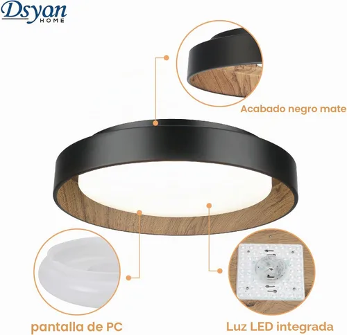 Vista 3 de Lámpara de techo empotrada con acento de madera, LED de 13 pulgadas, color negro, con veta de madera, 24 W, regulable 5CCT lámpara de techo