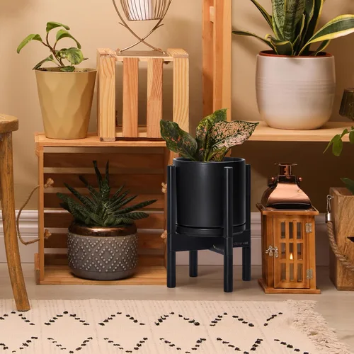 Vista 6 de D'vine Dev Maceta de cerámica con soporte de ébano – Maceta redonda moderna de 8 pulgadas con soporte para maceta de madera, color negro, 55-B-M-2