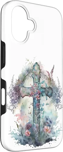 Vista 3 de Funda para iPhone 16 con cruz cristiana con flores de fe religiosa