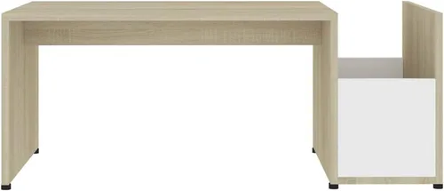 Vista 4 de Mesa de centro elevada de madera maciza, mesa de centro única adecuada para sala de estar, oficina, balcón, estudio blanco y roble Sonoma de 35.4 x