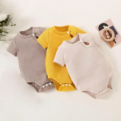 Vista 7 de Mameluco unisex de algodón para bebé, niña de manga corta, color sólido, enterizo de verano lindo a la moda, S