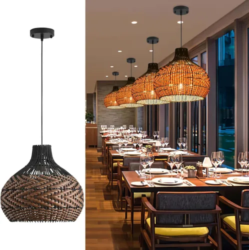 Vista 12 de Lámpara Colgante de Ratán 1 Paquete Candelabro de Cesta de Ratán Sintético Negro Blanco 11.8" Boho Tejido a Mano Ovalado de Mimbre Lámpara Colgante