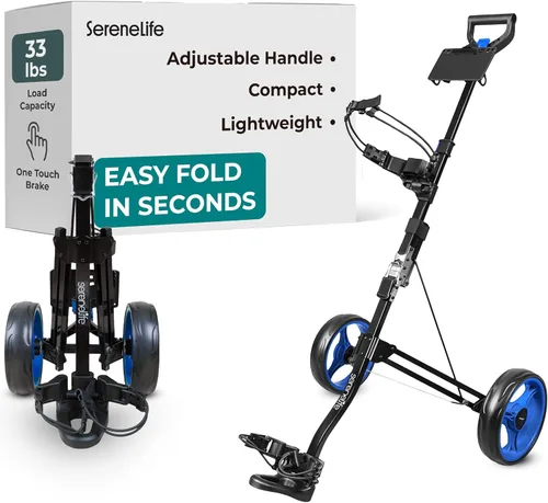 Vista 9 de SereneLife Golf Push Pull Cart – Lightweight, Foldable, Bag Holder with Adjustable Handle, Caddy Accessories, Compact Folding Golf Trolley for Travel