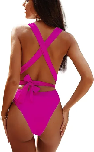 Vista 2 de Lilosy - Traje de baño sexy de una pieza, con tirantes cruzados y tanga de corte alto estilo brasileño