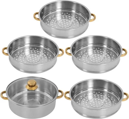 Vista 5 de Vaporizador de 5 niveles para cocinar, vaporizador de alimentos de acero inoxidable con asas doradas, ollas de vapor de gran capacidad de 11