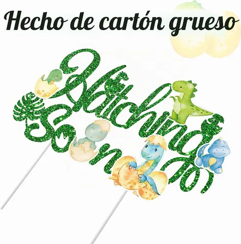 Vista 5 de Decoración para pastel de dinosaurio para eclosionar, decoración de dinosaurio para baby shower, temática de dinosaurio con purpurina verde