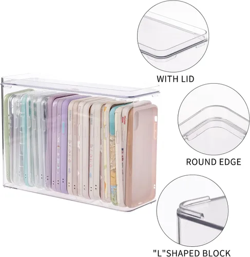 Vista 3 de FABROK Organizador de plástico para teléfono, caja de almacenamiento transparente con tapa para teléfono celular, fundas básicas, caja
