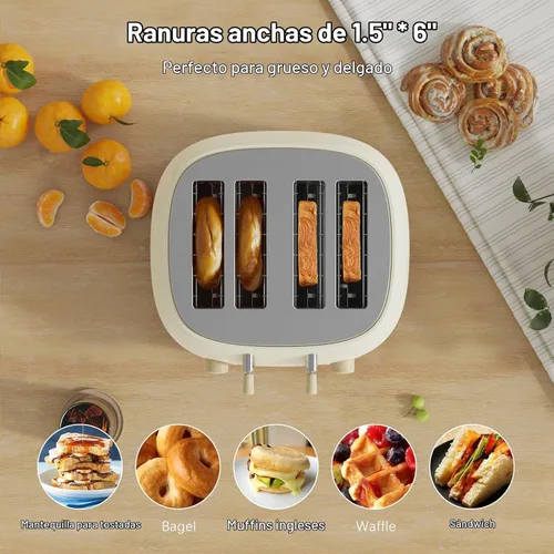 Vista 3 de Tostadora de 4 rebanadas, tostadora retro de acero inoxidable con ranuras extra anchas, funciones de cancelar, bagel y descongelar, panel de control