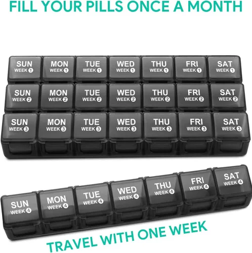 Vista 3 de TookMag Pastillero mensual de 28 días, organizador de medicamentos grandes de 4 semanas, pastillero de un mes, pastillero de viaje con recipiente a