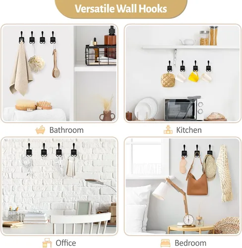 Vista 7 de VIS'V Ganchos para colgar abrigos de pared, ganchos de metal autoadhesivos de 3 puntas para puerta de entrada, 2 opciones de montaje, negro, 4