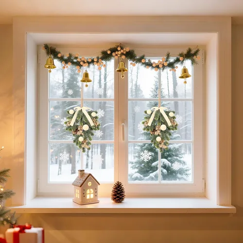 Vista 8 de Super Holiday - Decoraciones de Navidad, 2 piezas de coronas de puerta delantera de plantas verdes artificiales colgantes con lazo