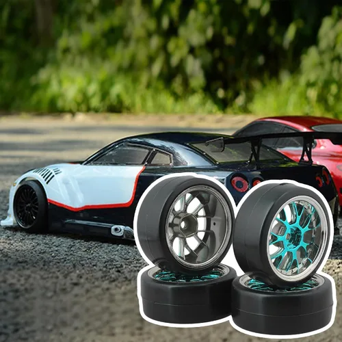 Vista 6 de Llanta de plástico azul en forma de Y con neumáticos lisos para RC 1:10 On-Road Racing Car y Drift Car Pack de 4