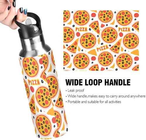 Vista 4 de Wusikd Pizza Slice - Botella de agua con tapa con pajilla, termo de doble pared para alimentos, termo aislado al vacío, botella de agua de acero