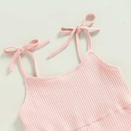 Vista 5 de Mubineo Mameluco básico de verano para niña pequeña, de punto liso, sin mangas, con parte inferior acampanada