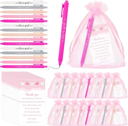Vista 8 de Chuangdi Juego de 50 bolígrafos de baby shower, recuerdos para invitados, bolígrafos con texto en inglés "It's a Boy Girl", tarjetas de Azul