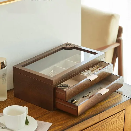 Vista 6 de AMYSTY Jewelry Organizer Jewelry Box 2 Tier Wooden Jewelry Case Retro Jewelry Box Hand Jewelry Earrings Necklace Velvet Lining Display Case For