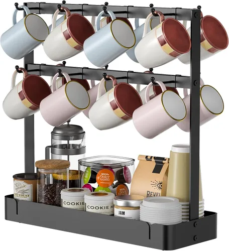 Vista 9 de RCHYFEED Soporte para taza de café montado en la pared, organizador de tazas para exhibición y colección de cocina, soporte de metal para tazas