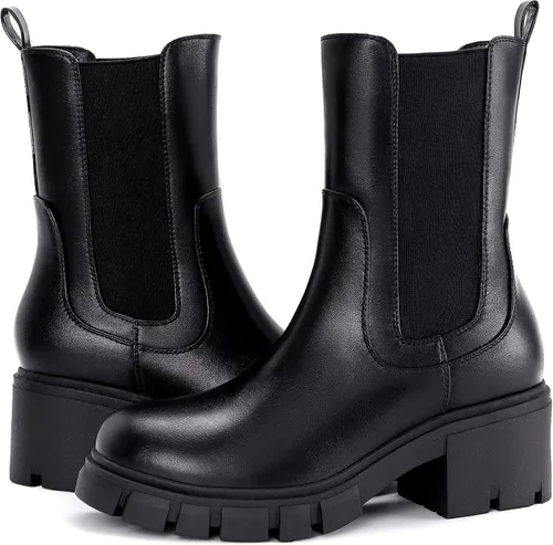 Vista 3 de Athlefit Botas Chelsea de plataforma a media pantorrilla para mujer, suela de lengüeta, tacón grueso, botines de cuero elástico