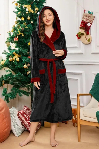 Vista 97 de HEARTNICE Bata de forro polar con capucha para mujer, bata de baño suave para mujer, bonito abrigo largo para casa