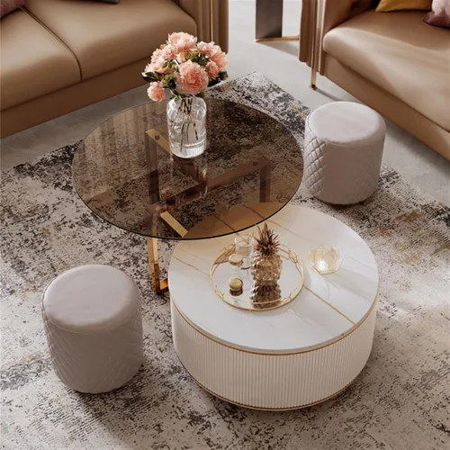 Vista 8 de Mesa de té para sala de estar, mesa de centro redonda moderna, juego de 2, mesa de centro circular con parte superior y cajón únicos, mesa central