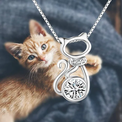 Vista 4 de AOBOCO Collar con colgante de gato de plata de ley con cristal de piedra natal, delicados regalos de joyería para los amantes de los gatos
