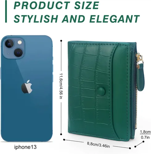 Vista 4 de Cartera pequeña para mujer, cartera compacta de cuero plegable para mujer con cremallera, Patrón de piedra, verde oscuro, Moda