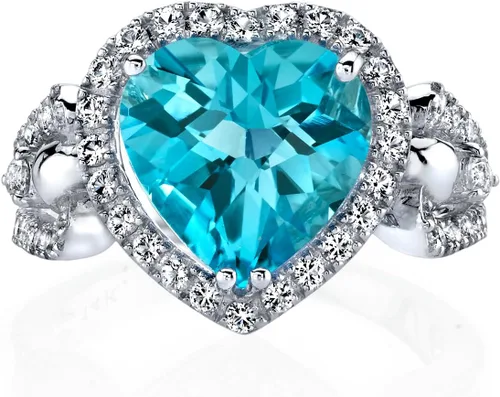 Vista 2 de Peora Anillo de corazón con topacio azul suizo y topacio blanco para mujer, oro blanco de 14 quilates, piedra natal de piedras preciosas auténticas