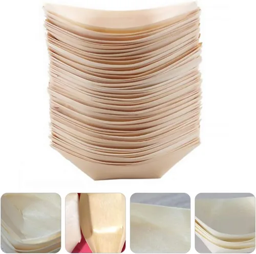 Vista 9 de 100 Uds. Cubiertos de madera para aperitivos, recipientes para alimentos, bote, postres, bandeja de bocadillos, sushi, bote, plato de aperitivos