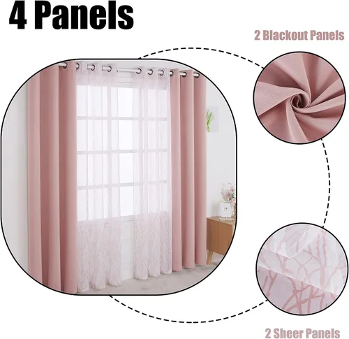 Vista 5 de BONZER Cortinas para Mezclar y Combinar - 2 Piezas de Cortinas Transparentes con Estampado de Ramas y 2 Piezas de Cortinas Opacas para Dormitorio