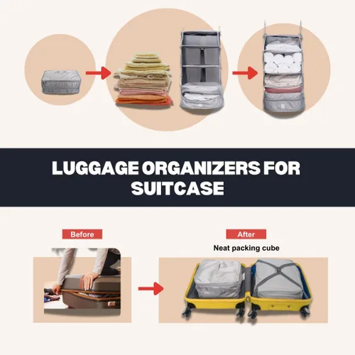 Vista 6 de Organizadores de equipaje colgantes para maleta, cubos de embalaje plegables con estantes hechos para viajar fácilmente, gran sistema