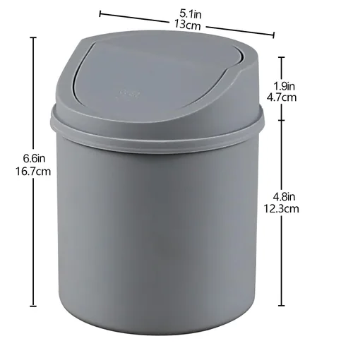 Vista 2 de Mini basurero de escritorio de plástico de 2 L, pequeño bote de basura con tapa giratoria, color gris