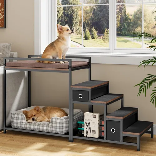 Vista 10 de kepptory Litera para mascotas con escaleras y almacenamiento, camas para perros fijadas a la cama humana, cuna para perros y gatos pequeños, Negro