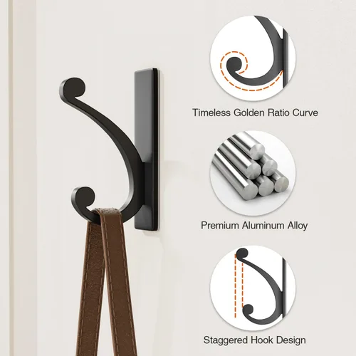 Vista 4 de Paquete de 14 ganchos adhesivos de pared para toalla/abrigo, extra adhesivo de 10 libras, acero inoxidable, para colgar en el baño o la ducha, negro