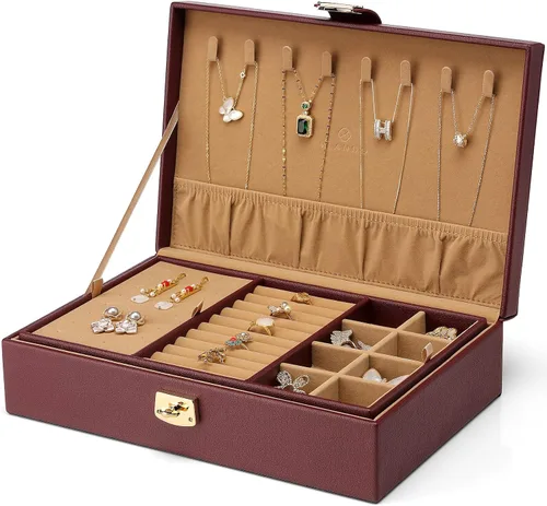 Vista 7 de Vlando Joyero para mujeres y niñas organizador de joyas grande de 2 capas soporte de joyería de piel sintética con bandeja extraíble para collares