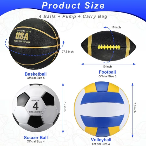 Vista 2 de HyDren Juego de 4 pelotas deportivas de tamaño oficial para baloncesto, balón de fútbol, voleibol, con bolsa de transporte y inflador, regalo