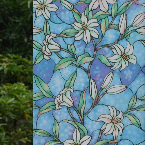 Vista 6 de VSUDO Película de privacidad esmerilada de color de 17.7 x 78.7 pulgadas, extraíble, sin pegamento, colorido patrón de orquídea azul lirio, película