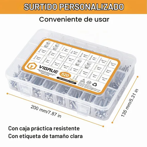Vista 6 de VIGRUE Kit surtido de tornillos de acero inoxidable 304 de 520 piezas, tornillos de cabeza plana y pan de #4#6#8#10 Philips autorroscantes de acero