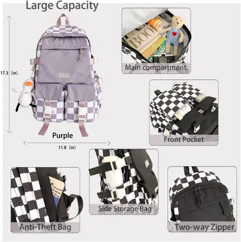 Vista 4 de Mochila kawaii mochila escolar estudiante mochila de gran capacidad a cuadros en blanco y negro mochila campus linda para niñas, Púrpura, Classic