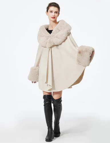 Vista 5 de Poncho de capa para mujer con ribete de piel, chal de piel sintética de invierno, abrigo sin mangas