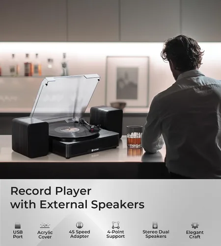 Vista 2 de VANGOA Tocadiscos de vinilo, tocadiscos de 3 velocidades con receptor Bluetooth, altavoces estéreo integrados, color negro