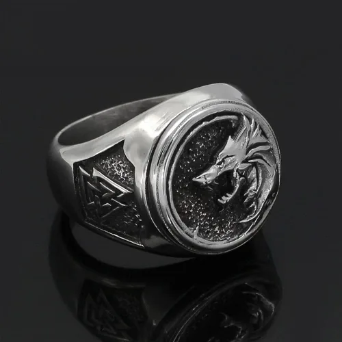 Vista 4 de Anillo Fenrir de lobo vikingo, anillo de lobo cazador de mago de acero inoxidable, joyería retro nórdica para hombre