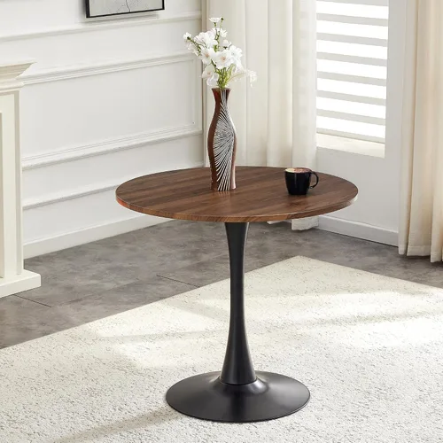 Vista 3 de Mesa de comedor redonda de nogal para espacios pequeños, mesa de tulipanes de 32 pulgadas con base de pedestal de metal, mesa de bistró para 2/3/4