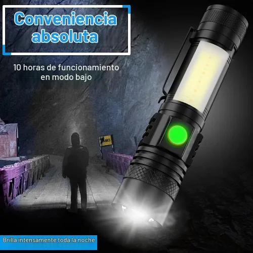 Vista 4 de Linterna recargable por USB, linternas magnéticas LED, linternas tácticas súper brillantes con luz lateral mazorca, impermeable, zoomable, 6 modos