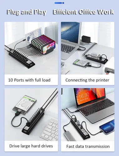 Vista 6 de Hub USB de 10 puertos, extensor de concentrador USB adaptador divisor de red con alimentación, para MacBook, PC, laptop, ratones, teclados