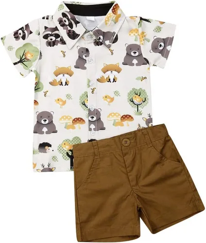 Vista 50 de Conjunto de camisa de manga corta con botones y pantalones cortos casuales con diseño de flamingo, para bebés y niños de 1 a 6 años, atuendos