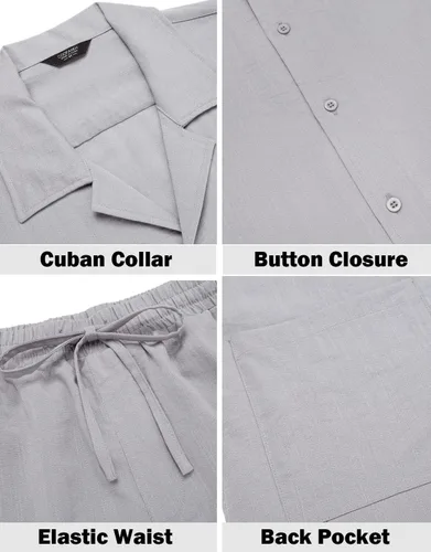 Vista 5 de COOFANDY Conjunto de camisa de 2 piezas para hombre, ajuste regular, manga corta, con botones, informal, para playa, pantalones cortos